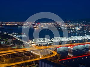 Siberian city of Krasnoyarsk. Top view of the Yenisei River and bridges