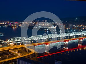 Siberian city of Krasnoyarsk. Top view of the Yenisei River and bridges