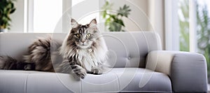 Siberian gray long-haired fluffy cat gracefully lounges on living room sofa, exuding comfort and tranquility