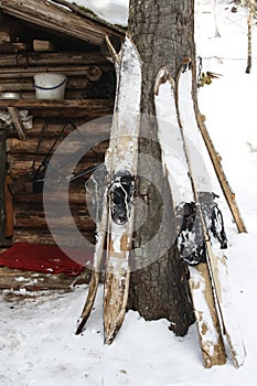 Siberian hunting skis and weapons at the wall of the winter quarters in the taiga