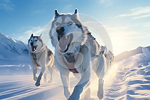 Siberian Huskies Pulling a Sled in Snowy Terrain.