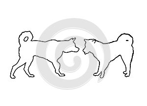 Siberian Husky dog couple in love, vector line contour silhouette illustration.