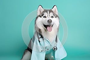 Siberian Husky Dog Dressed As A Doctor On Mint Color Background