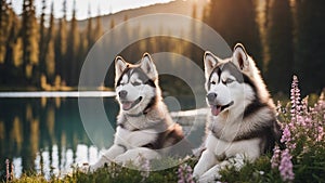 siberian husky dog An endearing scene of a Malamute puppy and adult resting together in a field of blooming alpine