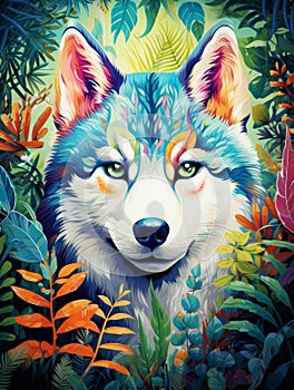 Siberian Husky dog in the Forest Painting.