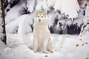 Siberian husky dog in the snow forest.