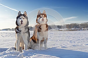 Siberian Husky dogs. Husky dogs winter background. Snow.