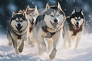 Siberian husky dogs running in the snow. Winter competition, Husky sled dog racing. Winter competition. Siberian husky dogs pull