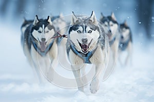 Siberian husky dogs running in the snow in winter, Husky sled dog racing. Winter competition. Siberian husky dogs pull sled with