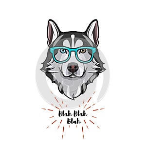 Siberian Husky geek. Smart glasses. Dog nerd. Husky portrait. Vector.