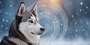 A Siberian husky looks out at the flying snowfall Blurred winter blue background. photo