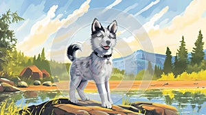 Siberian Husky Puppy: Comic Art Inspired Nostalgic Children\'s Book Illustration