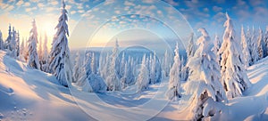 Siberian landscape in in winter with snow, pine trees at sunset
