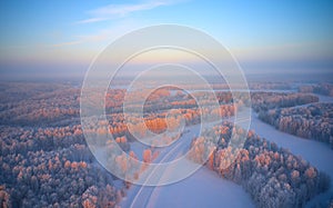 Siberian rural winter landscape with birch trees covered with hoarfrost at morning time. Aerial shot from drone