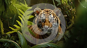 Siberian tiger cub in deep forest