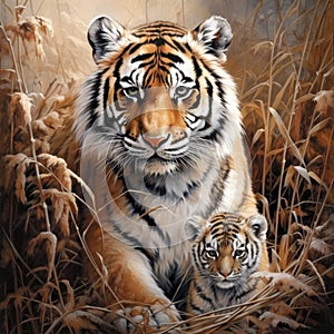 Siberian Tiger and cub, Panthera tigris altaica