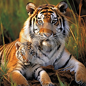 Siberian Tiger and cub, Panthera tigris altaica