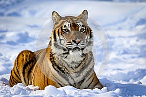 Siberian tiger laying down deep winter snow facing towards the camera