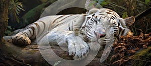 A Siberian tiger napping on a log in the woods, a big cat in the Felidae family