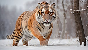 Siberian Tiger running in snow, tiger walking