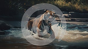 Siberian Tiger swimming in the river. Dynamic portrait.