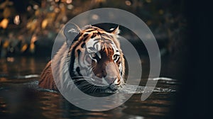 Siberian Tiger swimming in the water. Close-up.