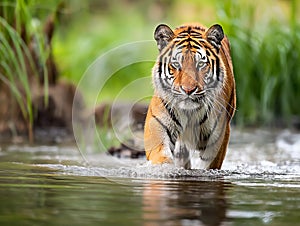 Siberian tiger, walking in the water directly at camera with water splashing. Attacking predator