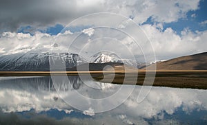 Sibillini mountains reflected in the water in Umbria