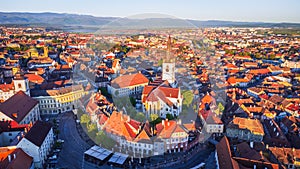 Sibiu, Romania. Aerial sunrise view of oldtown, Lesser Square