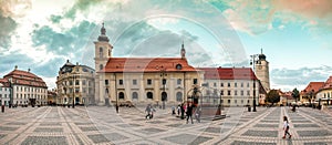 Sibiu Romania.City Hall and Brukenthal palace in Transylvania.