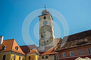 SIBIU, ROMANIA: Clock tower. The Big Square -Piata Mare- of Sibiu looking and the City hall
