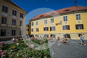 District Consistory of the Evangelical Church and Cafe Wien on a Albert Huet Square in Sibiu