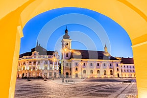 Sibiu, Romania. Large Square and City Hall.