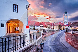 Sibiu, Romania. Lesser Square and Council Tower, Transylvania travel place