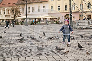 pigeons and children n Grand Square, Sibiu, Romaniai