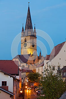 Sibiu streets with Cathedral in evening