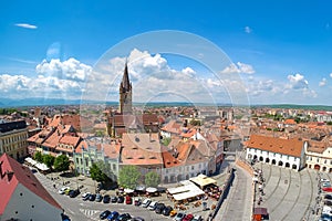 Sibiu, Transylvania, Romania. Panoramic view of the Small Square