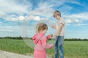 Sibling children sharing blue cornflowers and soap bubbles in green summer oat field