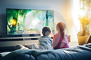 Sibling kids sitting in living room watching cartoon on big screen tv, generative AI