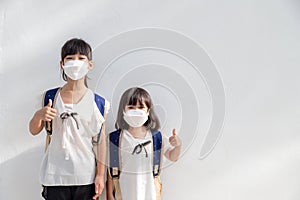 Sibling little girl wearing a mask to stop coronavirus outbreak.quarantine Asian sibling.covid-19 coronavirus and pandemic virus