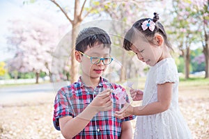 Sibling playing with flower in park