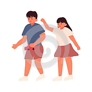 Sibling rivalry cartoon hand drawn style flat vector design illustration. Concept of siblings squabbling for toy.