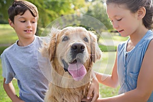 Sibling with their dog in the park