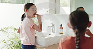 Siblings, home or children in bathroom brushing teeth together in daily morning or grooming routine. Kids, oral care or