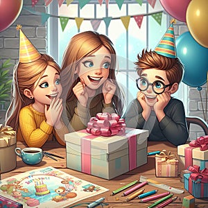 Siblings planning a surprise party for a relative and working t photo