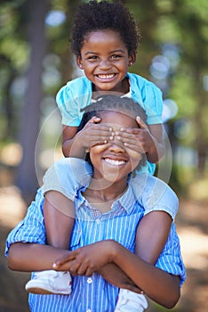 Siblings, portrait or happy kids hiking in forest to play or bond on holiday vacation in nature. Brother, black family