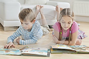 Siblings reading story books on floor in the living room