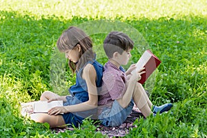 Siblings are sitting back-to-back on the lawn in the park and reading books.