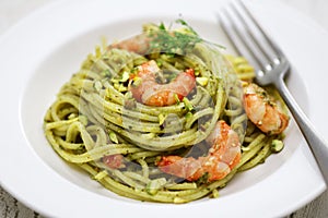 Sicilian pasta with pistachio pesto and shrimp