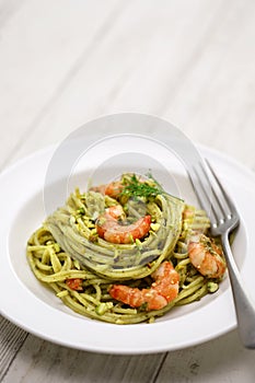 Sicilian pasta with pistachio pesto and shrimp